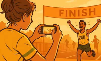 Fotógrafo amador usando smartphone para capturar corredores em um evento esportivo