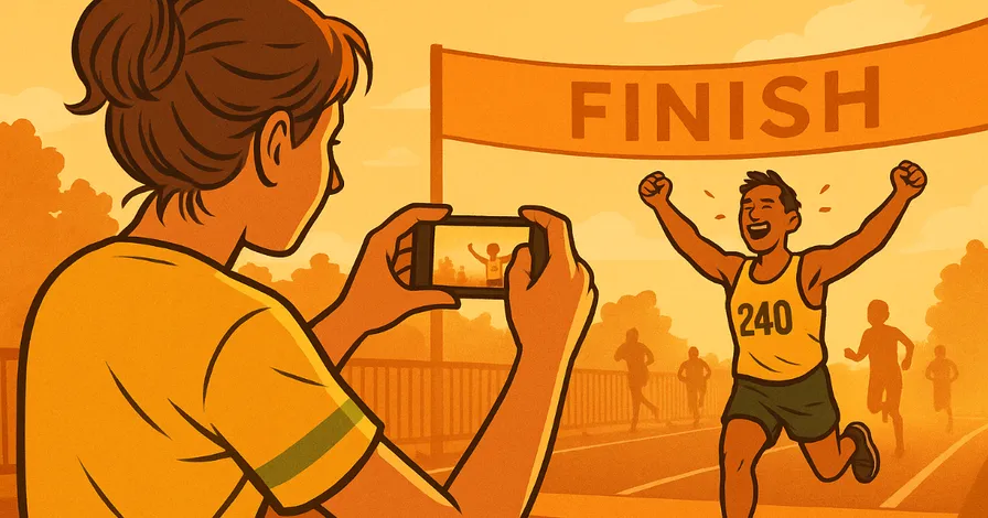 Amateur photographer using smartphone to capture runners at a sports event