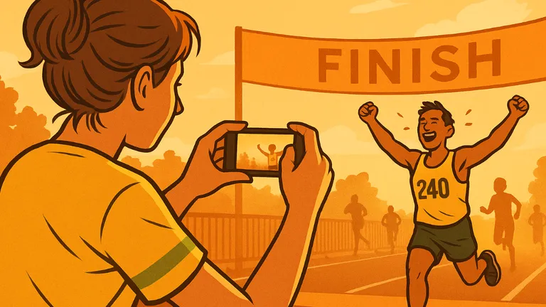 Amateur photographer using smartphone to capture runners at a sports event