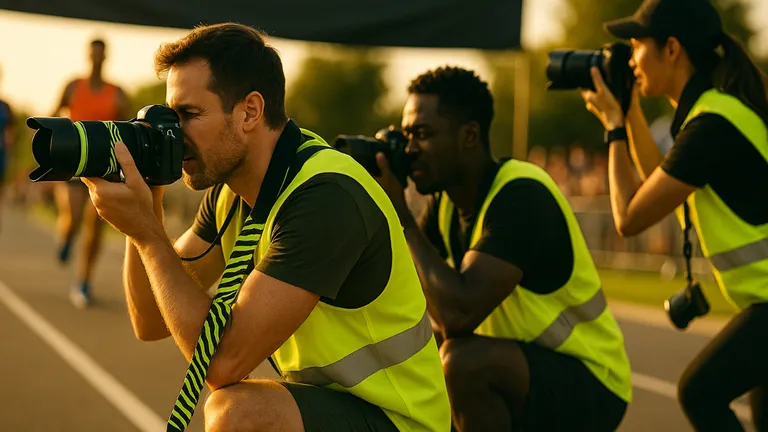 Um grupo de fotógrafos em uma corrida, verificando suas imagens no celular com o app ZebraSnap