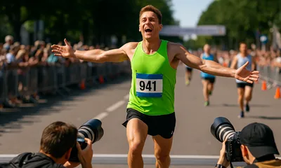 A runner crossing the finish line with a big smile, surrounded by photographers snapping away