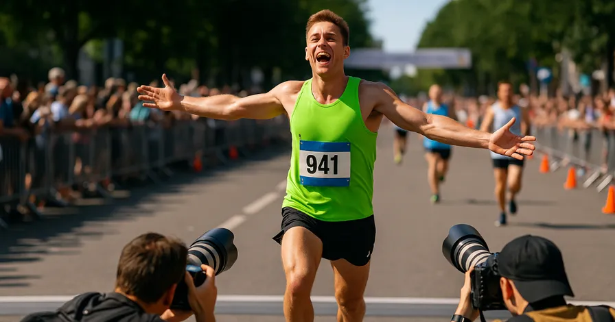 A runner crossing the finish line with a big smile, surrounded by photographers snapping away