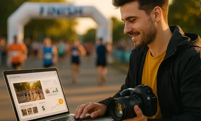 A photographer at a race, looking at a laptop screen showing photo sales and analytics