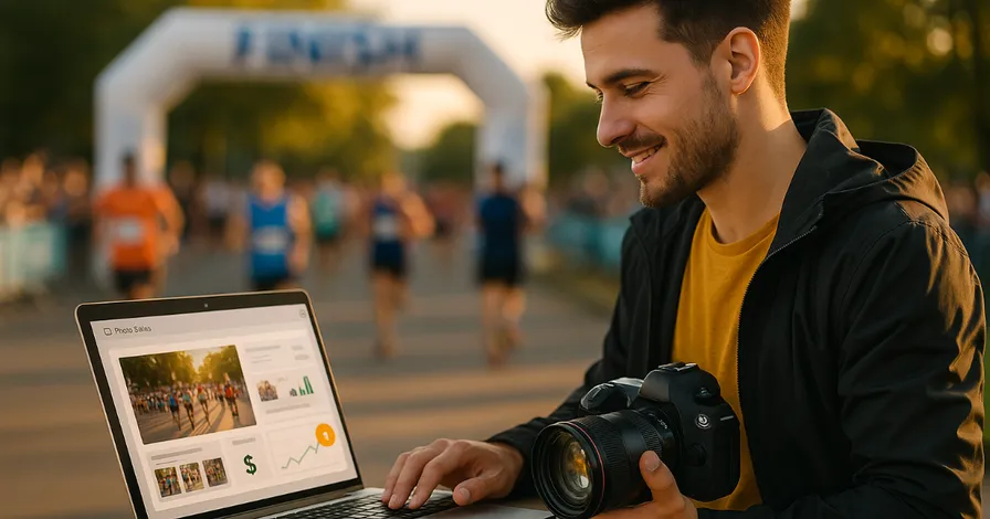 A photographer at a race, looking at a laptop screen showing photo sales and analytics