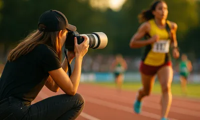 A pro photographer at a race, framing a group of runners with hills in the background