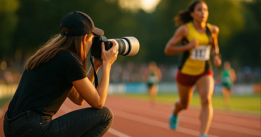 A pro photographer at a race, framing a group of runners with hills in the background